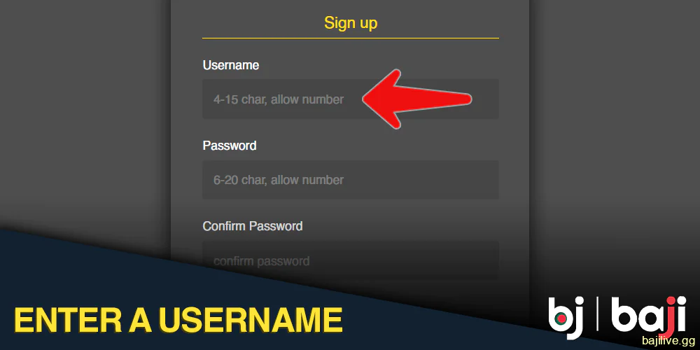 Enter a username into Baji registration form