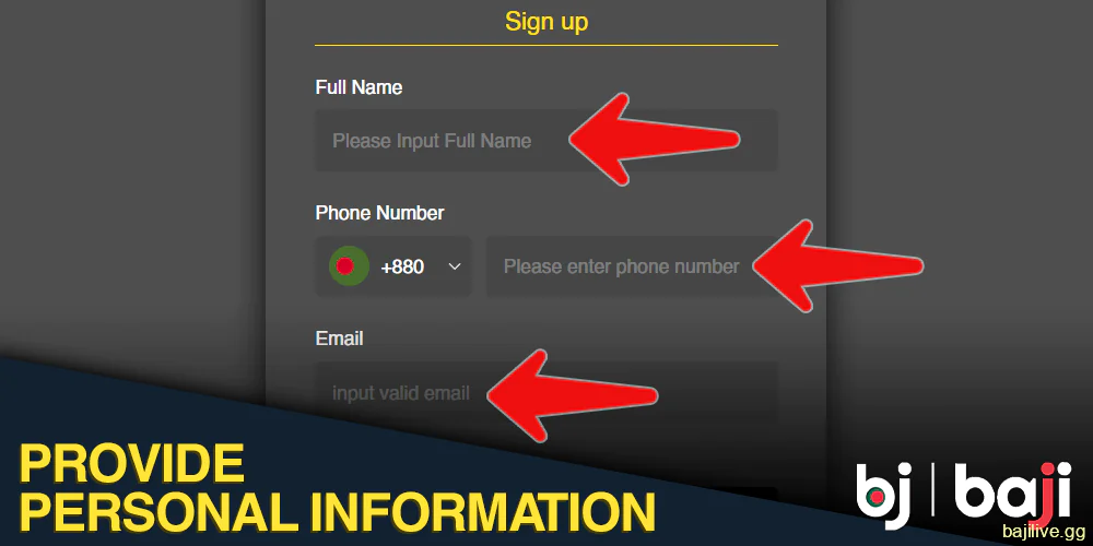 Enter your personal information into the Baji registration form: name, phone number, email